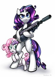 Size: 3508x4960 | Tagged: dead source, safe, artist:vombavr, rarity, sweetie belle, pony, g4, bipedal, drum magazine, duo, eotech, female, gun, hiding, holographic sight, m14, m14 ebr, magpul, picatinny rail, protecting, rifle, siblings, sisters, suppressor, weapon