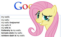 Size: 748x456 | Tagged: safe, fluttershy, pony, g4, always works, dreamworks face, female, google, meta, raised eyebrow, solo, waifu