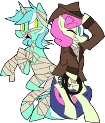 Size: 994x1168 | Tagged: safe, artist:ghost, bon bon, lyra heartstrings, sweetie drops, earth pony, pony, unicorn, g4, bipedal, clothes, costume, female, hat, indiana jones, lesbian, mare, mummy, ship:lyrabon, shipping, simple background, transparent background, whip
