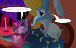 Size: 3000x1895 | Tagged: safe, artist:dazed-and-wandering, trixie, twilight sparkle, pony, unicorn, g4, bed, book, candle, dialogue, duo, eyes closed, female, lesbian, magic, night, ship:twixie, shipping, stalker, telekinesis, upside down
