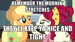 Size: 500x281 | Tagged: safe, edit, edited screencap, screencap, applejack, cherry jubilee, earth pony, pony, g4, the last roundup, caption, duo, female, image macro, looking at each other, madame jubilee, mare, meme, text