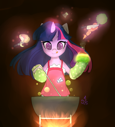 Size: 900x993 | Tagged: safe, artist:starshinebeast, twilight sparkle, pony, g4, apron, bipedal, cauldron, clothes, cooking, dark, fire, flask, food, glowing, magic, mittens, multitasking, tongue out