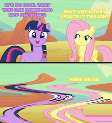 Size: 500x547 | Tagged: safe, fluttershy, twilight sparkle, g4, 2 panel comic, comic, compression, episodes, itunes, oh god, wat