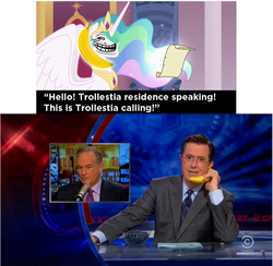 Size: 873x851 | Tagged: safe, princess celestia, human, g4, banana, bananaphone, scroll, stephen colbert, the colbert report, trollestia