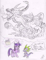 Size: 3922x5133 | Tagged: safe, artist:devilkais, spike, twilight sparkle, dragon, pony, unicorn, g4, female, levitation, magic, male, mare, present, telekinesis, traditional art