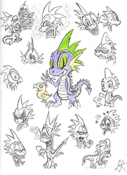 Size: 1568x2162 | Tagged: safe, artist:devilkais, peewee, spike, bird, dragon, g4, facial expressions, heart bulge, male, sketch dump, traditional art