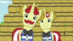 Size: 854x480 | Tagged: safe, screencap, flam, flim, pony, unicorn, g4, season 2, the super speedy cider squeezy 6000, brothers, duo, duo male, flim flam brothers, lidded eyes, male, out of context, siblings, stallion