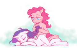 Size: 677x423 | Tagged: safe, artist:crunk, pinkie pie, rarity, earth pony, pony, unicorn, semi-anthro, g4, blushing, braid, cute, diapinkes, incorrect leg anatomy, missing cutie mark, ship:raripie, shipping, sleeping