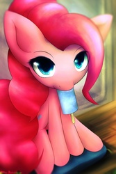 Size: 640x960 | Tagged: safe, artist:dshou, pinkie pie, earth pony, pony, g4, female, food, ice cream, looking at you, mare, popsicle, sea salt ice cream, sitting, solo