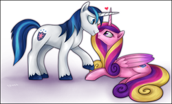 Size: 1666x1007 | Tagged: dead source, safe, artist:mn27, princess cadance, shining armor, alicorn, pony, unicorn, g4, female, heart, horn, horns are touching, husband and wife, love, male, mare, romance, romantic, ship:shiningcadance, shipping, stallion, straight