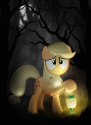 Size: 1000x1366 | Tagged: safe, artist:eugene-joe-c, applejack, g4, darkness, everfree forest, lantern, scared