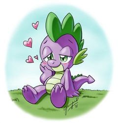 Size: 1271x1315 | Tagged: safe, artist:chibi-jen-hen, spike, dragon, g4, baby, baby dragon, blushing, cute, eyebrows, grass, green eyes, heart, implied shipping, male, signature, sitting, spikabetes, touching face