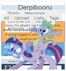 Size: 260x281 | Tagged: safe, spike, twilight sparkle, dragon, pony, starly, derpibooru, g4, clusterfuck, derpibooru's broken, dragons riding ponies, error, glitch, meta, riding, spike riding twilight, thumbnail