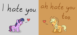 Size: 1301x600 | Tagged: safe, artist:mr-1, applejack, twilight sparkle, g4, hate, heart