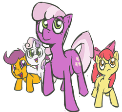 Size: 400x368 | Tagged: dead source, safe, artist:acidandgrit, apple bloom, cheerilee, scootaloo, sweetie belle, earth pony, pegasus, pony, unicorn, g4, apple bloom's bow, blank flank, bow, cutie mark crusaders, female, filly, foal, hair bow, mare, open mouth, raised hoof, simple background, white background