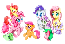 Size: 2016x1371 | Tagged: safe, artist:honey117, apple bloom, dinky hooves, fluttershy, pinkie pie, rarity, scootaloo, sweetie belle, oc, earth pony, pegasus, pony, unicorn, g4, apple bloom riding pinkie pie, cutie mark crusaders, female, filly, mare, ponies riding ponies, pony hat, riding, smiling