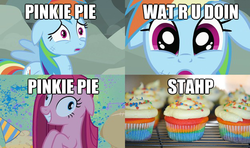 Size: 625x370 | Tagged: safe, pinkie pie, rainbow dash, earth pony, pegasus, pony, fanfic:cupcakes, g4, comic, cupcake, female, mare, pinkamena diane pie, stahp, text