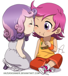 Size: 619x700 | Tagged: safe, artist:hazurasinner, scootaloo, sweetie belle, human, g4, bare shoulders, chibi, clothes, converse, dress, female, humanized, lesbian, sandwich, ship:scootabelle, shipping, shoes, skirt, sleeveless, sneakers, tank top
