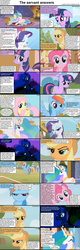 Size: 1282x4018 | Tagged: safe, applejack, fluttershy, pinkie pie, princess celestia, princess luna, rainbow dash, rarity, twilight sparkle, comic:celestia's servant interview, g4, caption, comic, interview