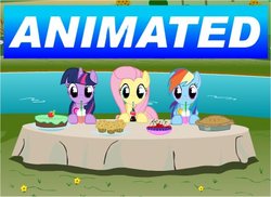 Size: 446x324 | Tagged: safe, artist:wildanime, fluttershy, rainbow dash, twilight sparkle, pony, g4, animal, animated at source, flash, food, pie