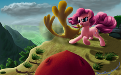 Size: 1024x640 | Tagged: safe, artist:deathpwny, pinkie pie, dragon, g4, rubber chicken