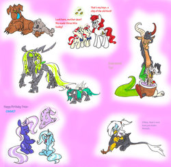 Size: 900x878 | Tagged: safe, artist:frankilew, discord, flam, flim, gilda, queen chrysalis, rover, trixie, changeling, changeling queen, diamond dog, draconequus, griffon, nymph, pony, unicorn, g4, colt, cub, female, filly, flim flam brothers, green changeling, magic, mare, mother, mother and child, puppy, telekinesis