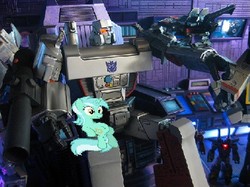 Size: 506x379 | Tagged: safe, lyra heartstrings, g4, laserbeak, megatron, sitting, sitting lyra, transformers