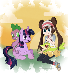 Size: 813x871 | Tagged: safe, artist:musapan, spike, twilight sparkle, dragon, human, snivy, unicorn, g4, clothes, crossover, female, male, mare, pokémon, rosa, shoes, skirt, sneakers