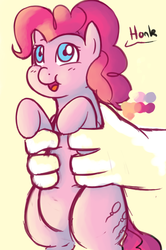 Size: 664x1000 | Tagged: source needed, safe, artist:redintravenous, artist:rustydooks, pinkie pie, human, g4, color palette, colored, cute, dialogue, diapinkes, disembodied hand, hand, honk, offscreen character, offscreen human, solo focus