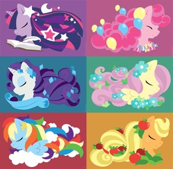 Size: 1800x1755 | Tagged: safe, artist:raygirl, applejack, fluttershy, pinkie pie, rainbow dash, rarity, twilight sparkle, earth pony, pegasus, pony, unicorn, g4, apple, balloon, book, bust, candy, cloud, eyes closed, female, floppy ears, food, hooves, horn, lineless, mane six, mare, portrait, profile, quill, stars, wings