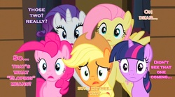 Size: 1279x713 | Tagged: safe, applejack, fluttershy, pinkie pie, rarity, twilight sparkle, g4, image macro, pink text, shocked, text