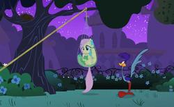 Size: 685x422 | Tagged: safe, artist:kturtle, edit, edited screencap, screencap, fluttershy, g4, the best night ever, canterlot gardens, clothes, dress, fail, gala, gala dress, looney tunes, merrie melodies, net, night, oops, road runner