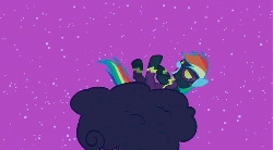Size: 500x277 | Tagged: safe, screencap, rainbow dash, pegasus, pony, g4, luna eclipsed, animated, clothes, cloud, cosplay, costume, evil laugh, female, hoofy-kicks, hooves, laughing, lying on a cloud, mare, night, night sky, nightmare night costume, on a cloud, open mouth, shadowbolt dash, shadowbolts, shadowbolts costume, sky, solo, stars