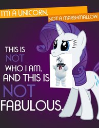 Size: 680x880 | Tagged: safe, rarity, pony, unicorn, g4, female, ghostbusters, mare, marshmallow, mouth hold, not fabulous, parody, public service announcement, rarity is a marshmallow, stay puft marshmallow man, we're a culture not a costume