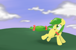 Size: 600x400 | Tagged: safe, artist:haileyguilford, apple fritter, earth pony, pony, g4, apple family member, background pony, bow, female, filly, hair bow, mare, running, solo, tail bow