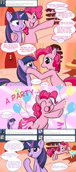 Size: 1280x2880 | Tagged: safe, artist:zanezandell, pinkie pie, twilight sparkle, earth pony, pony, unicorn, ask evil genius twilight, g4, :d, balloon, comic, duo, evil genius twilight, hoof around neck, hooves on cheeks, open mouth, open smile, smiling, tumblr