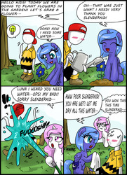 Size: 1919x2644 | Tagged: safe, artist:ciriliko, princess celestia, princess luna, g4, comic, creeper, filly, s1 luna, slenderman