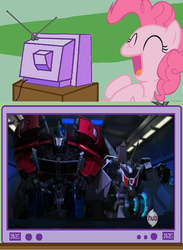 Size: 734x1001 | Tagged: safe, pinkie pie, earth pony, pony, g4, exploitable meme, hub logo, meme, optimus prime, transformers, tv meme, wheeljack