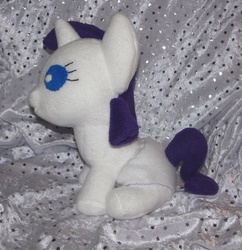 Size: 2778x2868 | Tagged: safe, artist:gypmina, rarity, pony, unicorn, g4, baby, baby pony, female, filly, filly rarity, high res, horn, irl, photo, plushie, side view, sitting, solo, younger