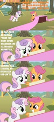 Size: 640x1440 | Tagged: safe, edit, edited screencap, screencap, scootaloo, sweetie belle, g4, the show stoppers, comic, duo, fabric, male, meme, musical instrument, piano, screencap comic, spider-man