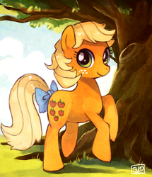 Size: 1014x1178 | Tagged: safe, artist:suikuzu, applejack (g1), earth pony, pony, g1, g4, bow, female, g1 to g4, generation leap, looking at you, raised hoof, rearing, smiling, solo, tail bow, under the tree