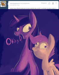 Size: 630x800 | Tagged: safe, scootaloo, twilight sparkle, g4, ask-derpyweas, preguntastwilight, spanish, tumblr