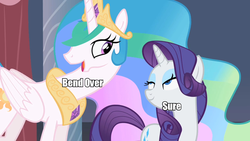 Size: 1280x720 | Tagged: safe, edit, edited screencap, screencap, princess celestia, rarity, alicorn, pony, unicorn, g4, bend over, caption, female, implied sex, lesbian, ship:rarilestia, shipping