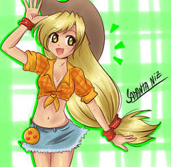 Size: 1000x974 | Tagged: safe, artist:keitenstudio, applejack, human, g4, belly button, clothes, cowboy hat, denim skirt, front knot midriff, hat, humanized, microskirt, midriff, miniskirt, skirt, stetson