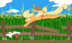 Size: 1074x637 | Tagged: safe, artist:burrburro, angel bunny, applejack, rabbit, g4, action pose, apple, chase, farm, food, running