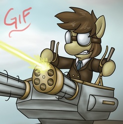 Size: 670x678 | Tagged: safe, artist:hirurux, oc, oc only, pegasus, pony, clothes, goggles, gun, minigun, necktie, solo, suit, turret