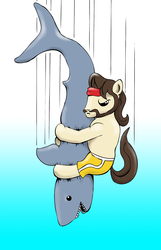 Size: 1286x2000 | Tagged: safe, artist:whittlin, ace point, earth pony, pony, shark, g4, clothes, dustykatt, facial hair, headband, moustache, piledriver, shorts, wrestling