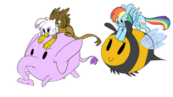 Size: 900x506 | Tagged: safe, artist:batlover800, gilda, rainbow dash, bee, elephant, griffon, g4, pink elephants, riding