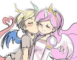 Size: 1024x793 | Tagged: safe, artist:maniacpaint, discord, princess celestia, human, g4, alicorn humanization, cheek kiss, clothes, crown, dress, ear piercing, earring, female, horn, horned humanization, humanized, jewelry, kissing, male, piercing, pink-mane celestia, ship:dislestia, shipping, straight, tailed humanization, winged humanization, young, young celestia, young discord