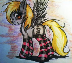 Size: 1590x1390 | Tagged: safe, artist:tomek2289, derpy hooves, pegasus, pony, g4, blushing, chest fluff, clothes, female, mare, socks, solo, striped socks, traditional art